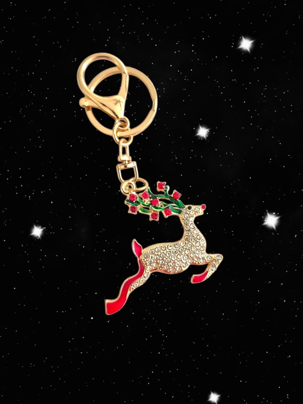 Gold and Red Crystal Reindeer Bag Charm /  Keychain